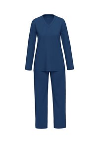 Laivan sininen kaksiosainen työasu, jossa on V-mallinen pitkähiha paita ja siihen sopivat housut. Materiaali on pehmeää ja sileää kangasta, ja malli on rento.