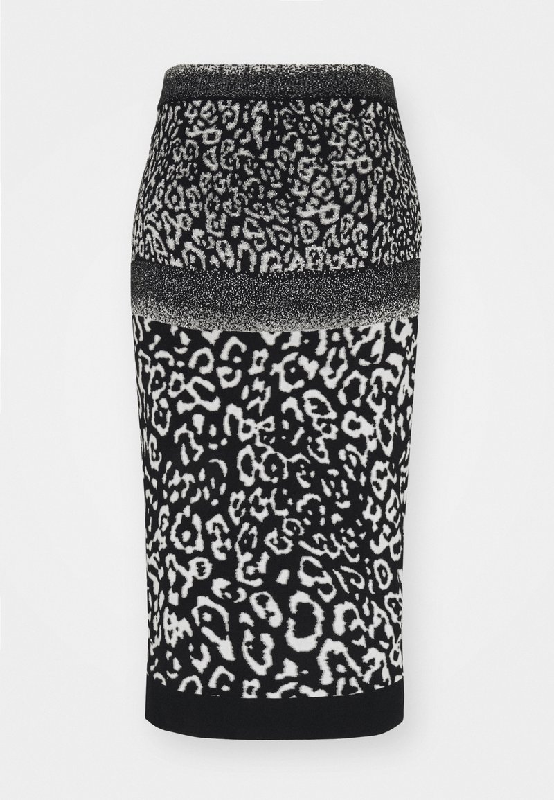 Jupe crayon à imprimé léopard noir et blanc avec ceinture et ourlet à bandes, présentant deux motifs d'imprimés animaliers distincts.