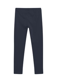 Marina blå leggings tillverkade av mjukt, elastiskt tyg med resår i midjan. Enkel design och åtsittande form, inga ytterligare mönster eller detaljer.