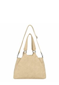 Beige synthetische handtas met dubbele handvatten. Kenmerkt zich door een driehoekige vorm, een gladde textuur en accenten van zilverkleurig beslag.