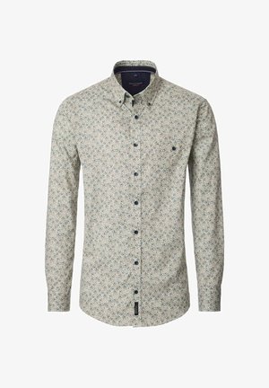 Langarmhemd aus hellem cremefarbenem Stoff mit kleinem, buntem Blumenmuster. Verfügt über einen Button-Down-Kragen und dunkle Knöpfe.