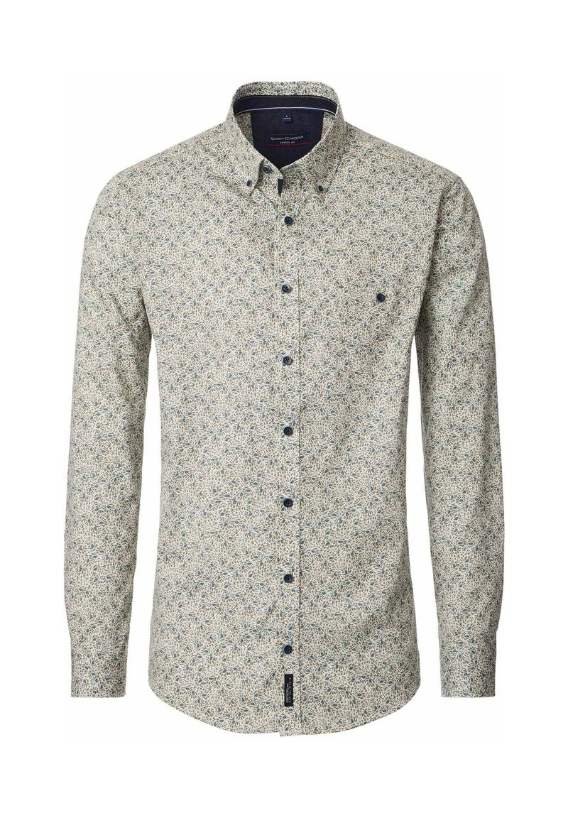 Long-sleeve shirt in a light cream fabric with a small, colorful floral pattern. Features a button-down collar and dark buttons.