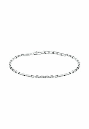Bracciale in argento con catene a anelli rotondi e ovali, chiusura a scatto, superficie liscia, finitura lucida e incise sottili.