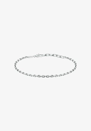 Bracciale in argento con catene a anelli rotondi e ovali, chiusura a scatto, superficie liscia, finitura lucida e incise sottili.
