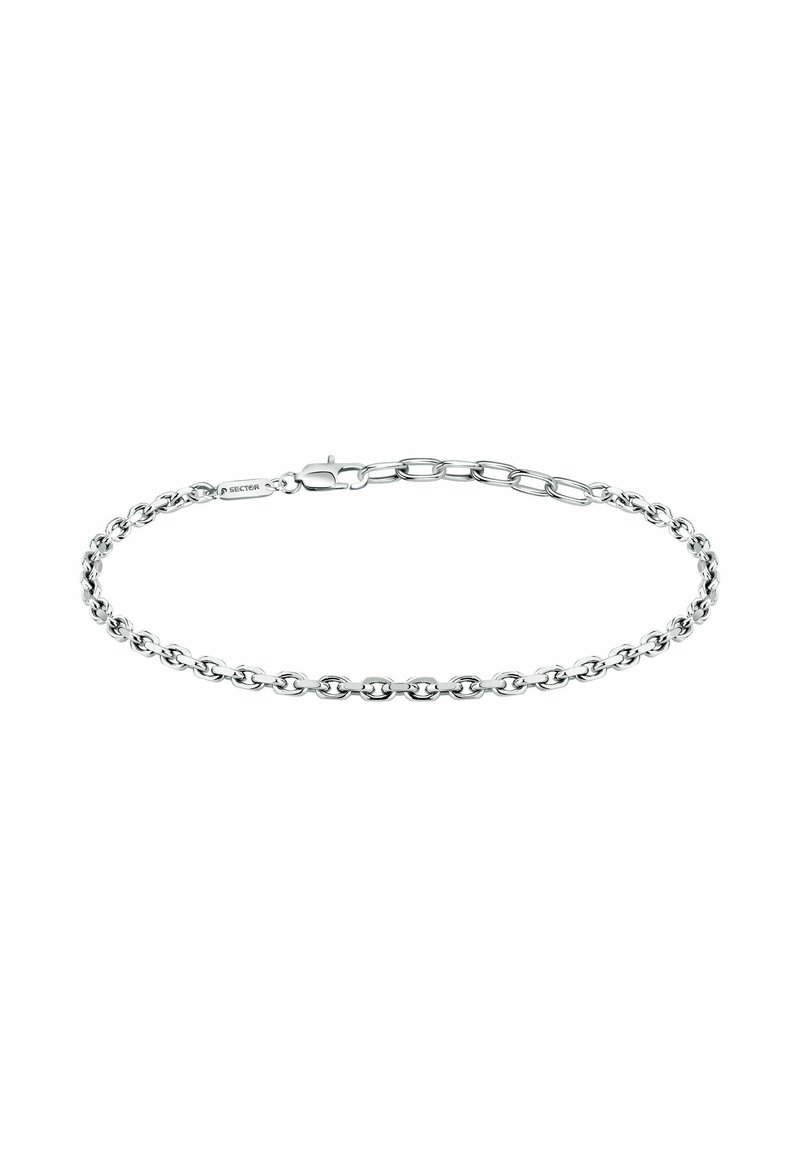 Bracciale in argento con catene a anelli rotondi e ovali, chiusura a scatto, superficie liscia, finitura lucida e incise sottili.