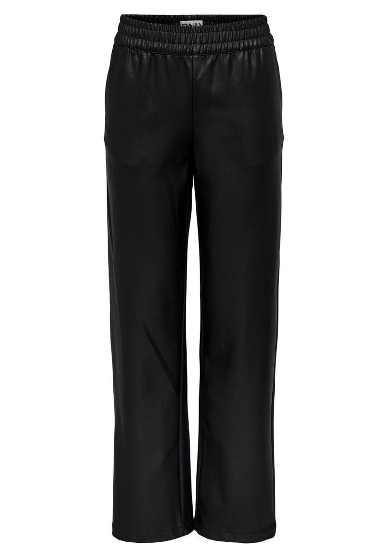 Pantalons noirs à coupe décontractée, fabriqués en simili cuir lisse, dotés d'une taille élastique et sans poches visibles.