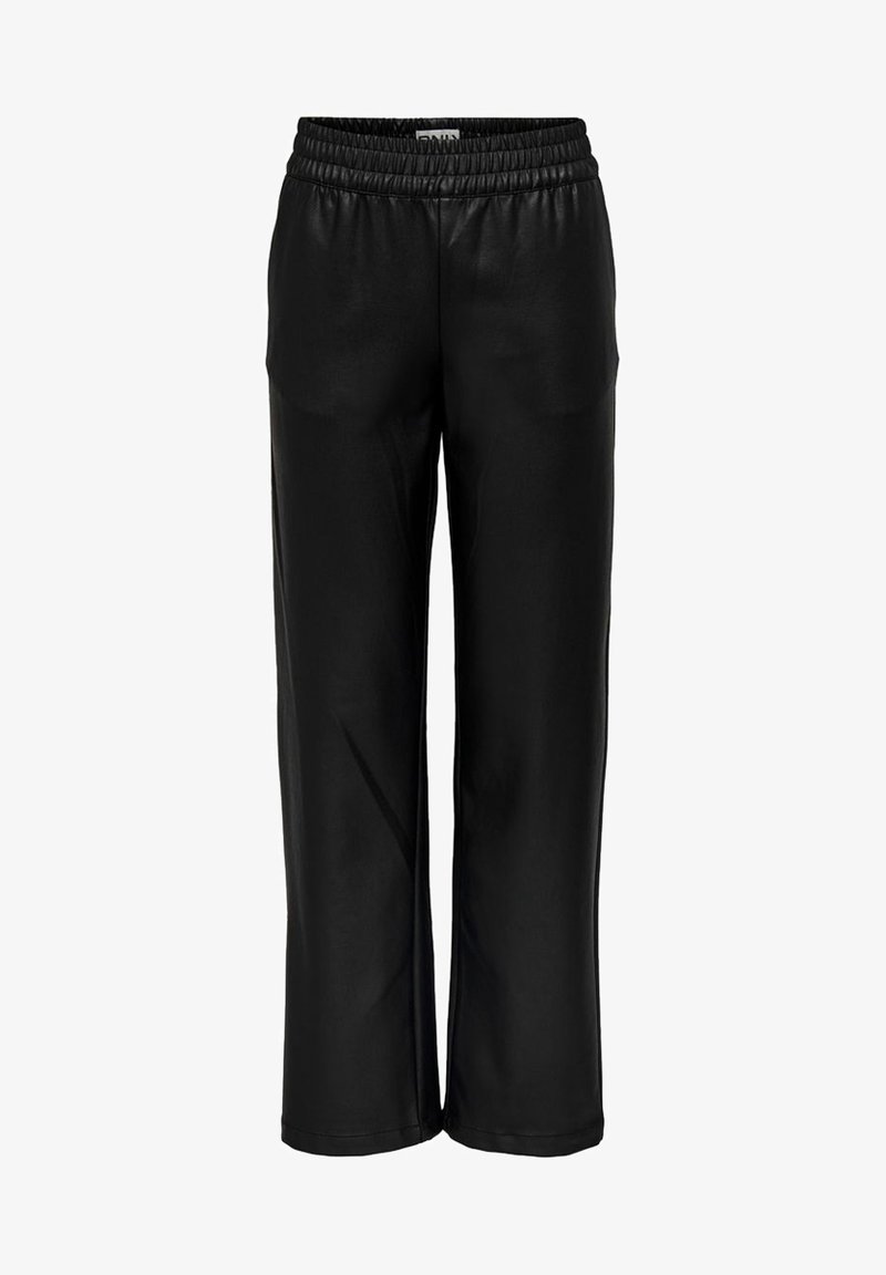 Pantalons noirs à coupe décontractée, fabriqués en simili cuir lisse, dotés d'une taille élastique et sans poches visibles.