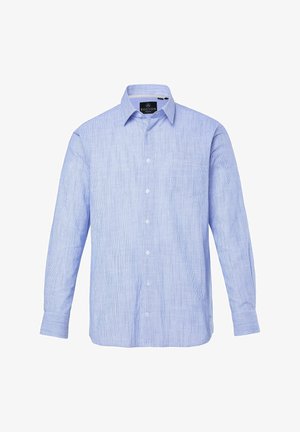 Lichtblauw overhemd met lange mouwen, voorzien van een button-down kraag, verticale strepen en een borstzak. Gemaakt van een gestructureerde stof.