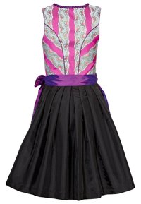 Robe avec un corsage à motifs floraux en rose et gris, ceinture en satin violet, et jupe évasée en satin noir avec des plis verticaux.