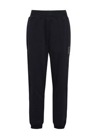 Zwarte joggingbroek van zachte stof, met een taps toelopend ontwerp, elastische tailleband en een klein logo op de voorkant.