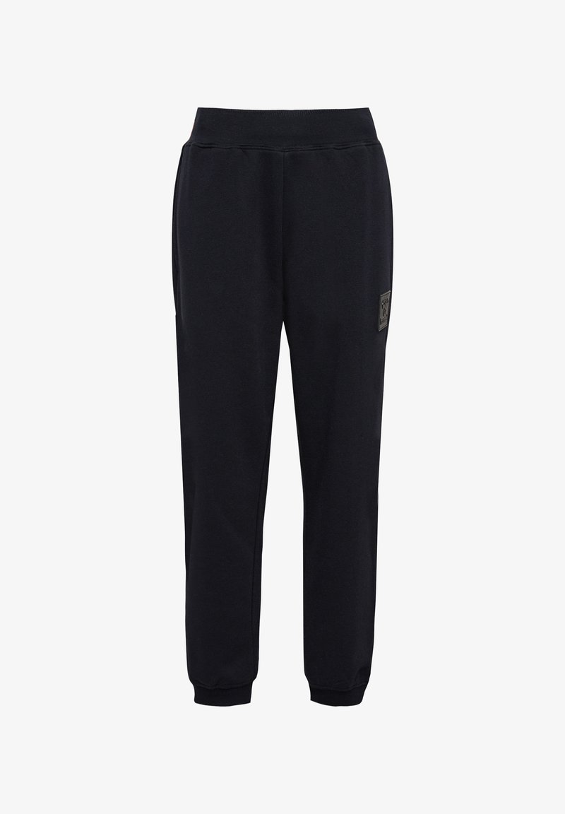 Zwarte joggingbroek van zachte stof, met een taps toelopend ontwerp, elastische tailleband en een klein logo op de voorkant.