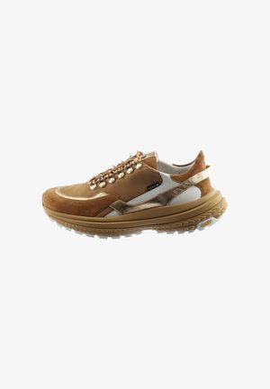 Brown suede and synthetic sneakers with gold accents, a thick textured sole, and a padded collar for comfort. Features eyelets along the laces.