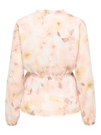 Jasnoróżowa bluzka z długim rękawem z elastycznym paskiem w talii i delikatnym żółtym kwiatowym wzorem, widoczna od tyłu.