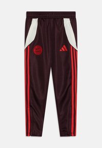 Pantaloni sportivi color bordeaux con strisce laterali rosse, dettagli bianchi e logo ricamato del FC Bayern München. Presentano una vita elastica e tasche.