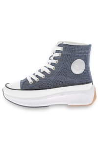 Hochschnittsneaker aus navyblauem Netzmaterial mit einer weißen Gummikappe, Schnürsenkeln und Außensohle. Verfügt über ein rundes Logo-Patch und ein strukturiertes Design.