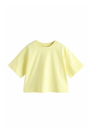 Kortærmet, lysegul cropped t-shirt med rund halsudskæring på hvid baggrund.