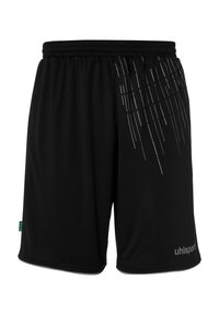 Shorts de sport noirs avec taille élastique, présentant des accents de rayures diagonales blanches d'un côté et un logo sur le bas à l'avant. Fabriqués en matériau léger.
