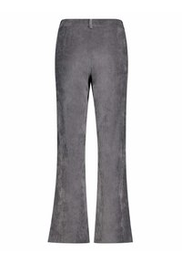 Grijze corduroy uitlopende broek met verticale strepen, met een zachte textuur, een tailleband van gemiddelde hoogte, en zonder zichtbare zakken of versieringen.