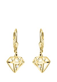Guld hoops øreringe med en diamantformet vedhæng med en udskæringsdesign og en lille indlejret klar sten.