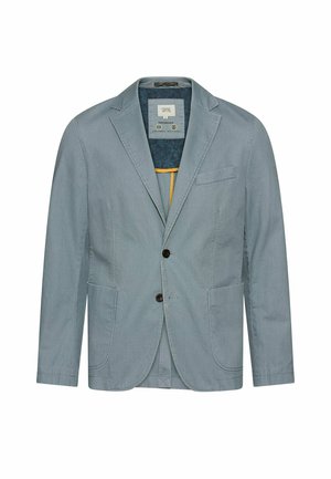 Lyseblå herreblazer med to forlommer, to knapper, hakrevers og indvendig mærkedetalje på hvid baggrund.