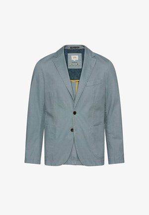 Lyseblå herreblazer med to forlommer, to knapper, hakrevers og indvendig mærkedetalje på hvid baggrund.