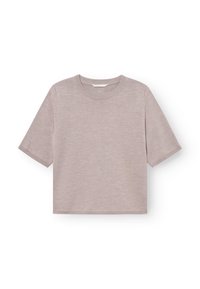 Top corto a maniche corte in maglia beige chiaro con scollatura rotonda e bordi a costine. Tessuto morbido e design semplice.