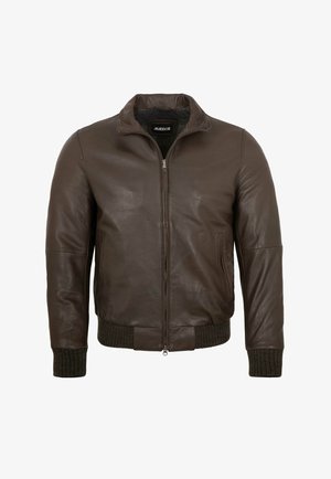 Brown leather bomber jacket with front zipper, ribbed cuffs, and waistband, featuring a small collar and side pockets.