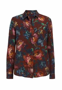 Camicia a bottoni con stampa floreale su base bordeaux con grandi motivi di fiori rosa, blu e verdi. Maniche lunghe, colletto e chiusura frontale con bottoni.