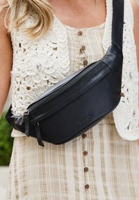 Mustat nahkaiset vyölaukut vetoketjulla ja säädettävällä hihnalla. Varustettu tekstuuripinnoitteella ja hillityllä kohokuvioidulla logolla.