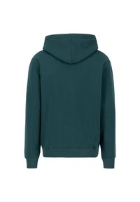 Sudadera con capucha en color verde azulado oscuro, con una textura suave, puños y dobladillo acanalados, y un diseño simple y sin adornos.