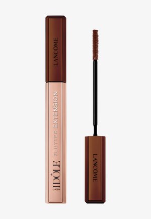 Mascara Lancôme Idôle Flutter Extension Lash avec une brosse fine marron et un tube rectangulaire transparent rose et marron.