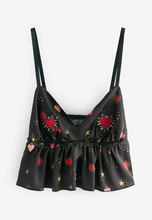 Black fabric top with a gathered waist, featuring colorful embroidered hearts and star patterns. Adjustable thin straps. Smooth texture.