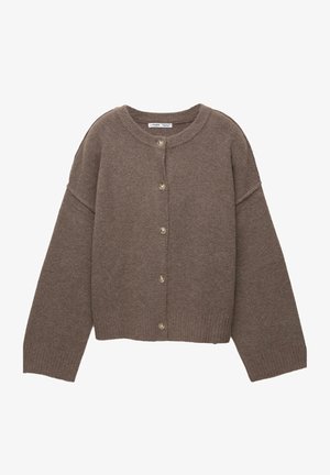 Brown knitted cardigan featuring a rounded neckline, long sleeves, and front button closure with four beige buttons. Textured fabric.