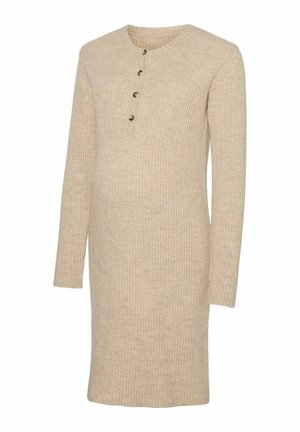 Beige ribaga kootud kleit pika varrukaga, henley kaeluse ja viie nööbiga. Pehme tekstuur, keha järgiv disain mugavuseks.