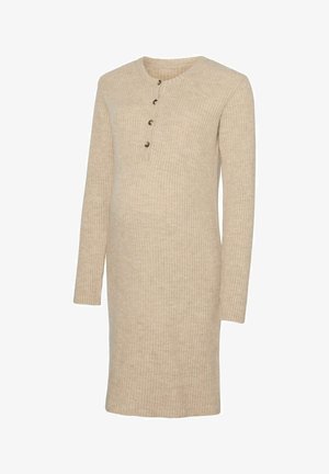 Beige ribbet strikkjole med lange ærmer, henley-udskæring og fem knapper. Blød tekstur og tætsiddende design for komfort.