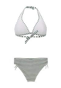 Set bikini con top triangolare con accenti a strisce verdi e bianche e slip abbinati con strisce orizzontali e laccetti laterali.