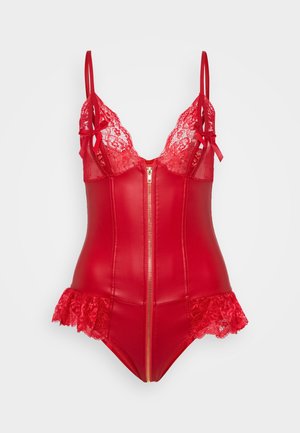 Red bodysuit with lace trim and adjustable straps. Features a zip closure at the front and a ruffled lace accent at the bottom.