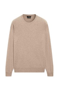 Beige tröja med rund halsringning, långa ärmar, mjuk textur, ribbade muddar och fåll, slät stickad tyg, minimalistisk design.