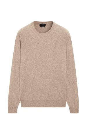 Beiger Pullover, Rundhalsausschnitt, lange Ärmel, weiche Textur, gerippte Bündchen und Saum, glattes Strickgewebe, minimalistisches Design.