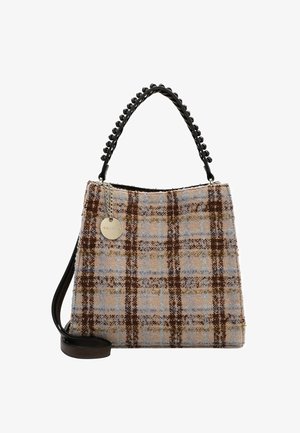 Tote bag made of textured plaid fabric in brown, blue, and beige, with a black handle featuring rounded accents and a metal logo tag.