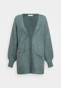 Groene gebreide cardigan met een V-hals, open voorkant, twee voorzakken en geribde manchetten en zoom. Zachte textuur met een ontspannen fit.
