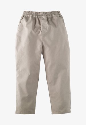 Beżowe bawełniane spodnie z elastycznym pasem i bocznymi kieszeniami, proste nogawki, zaprojektowane na co dzień.