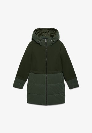 Giacca a vento verde con parte superiore aderente e parte inferiore trapuntata, dotata di cappuccio, zip frontale e polsini elasticizzati. Realizzata in materiale resistente all'acqua.