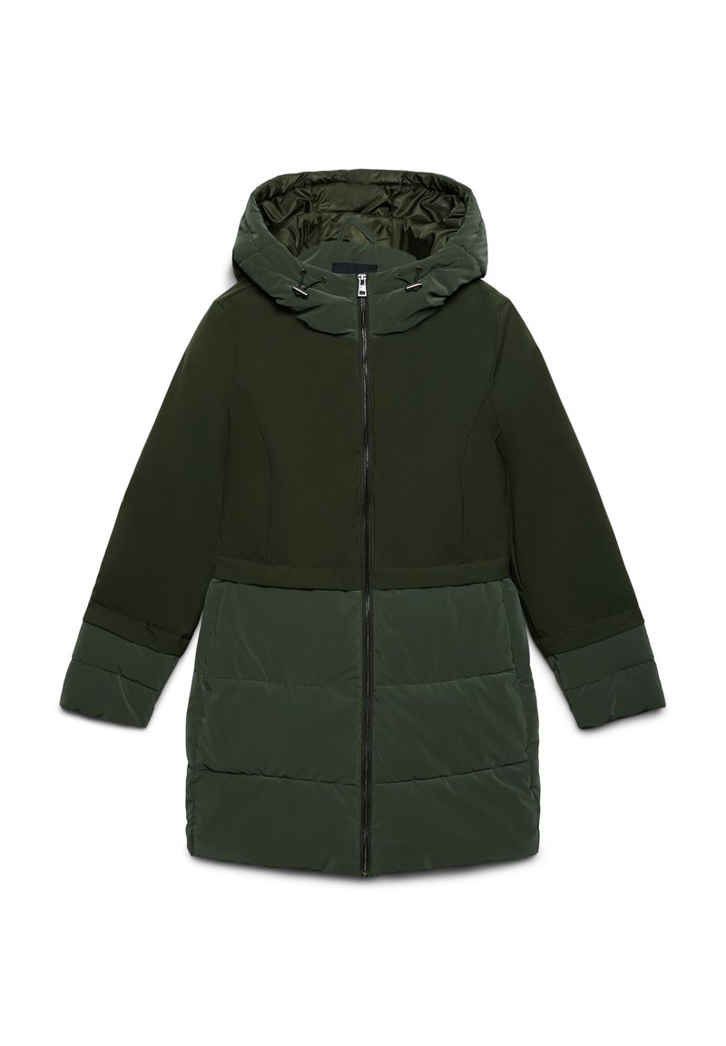 Giacca a vento verde con parte superiore aderente e parte inferiore trapuntata, dotata di cappuccio, zip frontale e polsini elasticizzati. Realizzata in materiale resistente all'acqua.