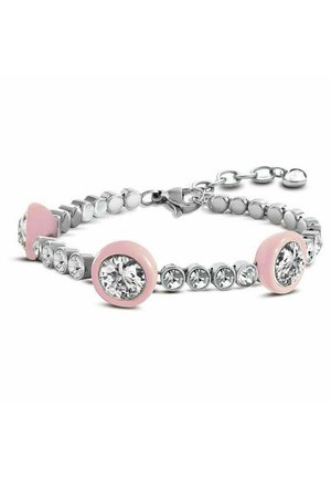 Braccialetto d'argento con cristalli rotondi trasparenti alternati a inserti in smalto rosa, dotato di chiusura a moschettone e catena regolabile con ciondolo a forma di cuore.