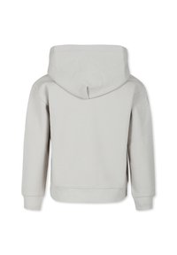 Felpa con cappuccio grigio chiaro in tessuto testurizzato, con un grande cappuccio, polsini e orlo a costine. Il retro è liscio senza ulteriori dettagli.