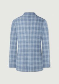 Niebieska marynarka w kratę z kołnierzem notch, dopasowany krój i gładka tekstura, z pojedynczym rozcięciem, zapięciem na dwa guziki oraz subtelnym wzorem w kratkę.