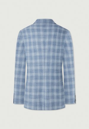 Plavi karirani sako s reverima, krojenog fit, glatke teksture, s jednim prorezom, kopčanjem na dva dugmeta i suptilnim uzorkom kariranih kvadratica.