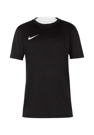 Czarna sportowa koszulka z krótkim rękawem, okrągłym dekoltem i białym logo Nike na prawej stronie klatki piersiowej.