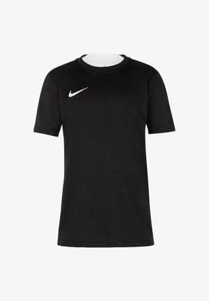 Sort sport T-shirt med korte ærmer, rund hals og hvidt Nike-logo på højre bryst.